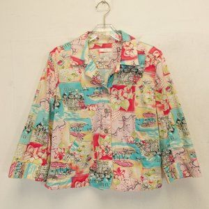 CHRISTOPHER & BANKS Women's Pink Aqua Pajama Top MEDIUM Button Front Long Sleeve